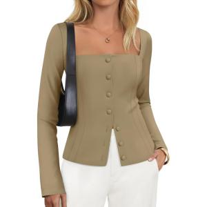 imageZESICA Womens Fall Square Neck Blazers 2025 Casual Long Sleeve Button Up Work Business Fitted Blazer JacketsKhaki