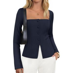 imageZESICA Womens Fall Square Neck Blazers 2025 Casual Long Sleeve Button Up Work Business Fitted Blazer JacketsNavy
