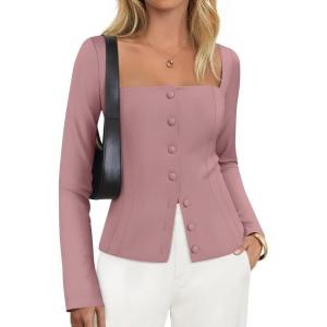 imageZESICA Womens Fall Square Neck Blazers 2025 Casual Long Sleeve Button Up Work Business Fitted Blazer JacketsPink