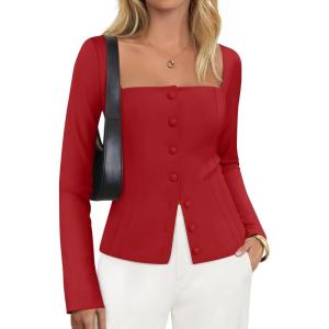 imageZESICA Womens Fall Square Neck Blazers 2025 Casual Long Sleeve Button Up Work Business Fitted Blazer JacketsRed