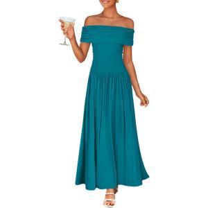 imageZESICA Womens Off The Shoulder Maxi Dress 2025 Summer Sleeveless Casual Slim Swing Pleated Formal Party DressesPeacock Blue