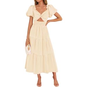 imageZESICA Womens Summer 2025 Boho Vacation Dress Short Puff Sleeve Flowy Smocked Cutout A Line Beach Party DressesApricot