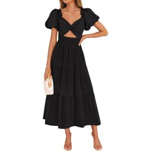 imageZESICA Womens Summer 2025 Boho Vacation Dress Short Puff Sleeve Flowy Smocked Cutout A Line Beach Party DressesBlack