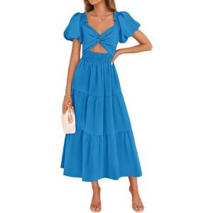 imageZESICA Womens Summer 2025 Boho Vacation Dress Short Puff Sleeve Flowy Smocked Cutout A Line Beach Party DressesCobalt