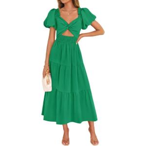imageZESICA Womens Summer 2025 Boho Vacation Dress Short Puff Sleeve Flowy Smocked Cutout A Line Beach Party DressesGreen