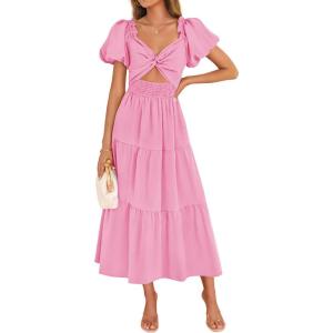 imageZESICA Womens Summer 2025 Boho Vacation Dress Short Puff Sleeve Flowy Smocked Cutout A Line Beach Party DressesHot Pink