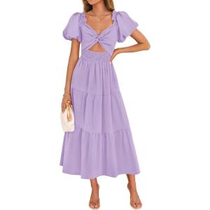 imageZESICA Womens Summer 2025 Boho Vacation Dress Short Puff Sleeve Flowy Smocked Cutout A Line Beach Party DressesPurple
