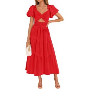 imageZESICA Womens Summer 2025 Boho Vacation Dress Short Puff Sleeve Flowy Smocked Cutout A Line Beach Party DressesRed