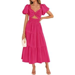 imageZESICA Womens Summer 2025 Boho Vacation Dress Short Puff Sleeve Flowy Smocked Cutout A Line Beach Party DressesRose