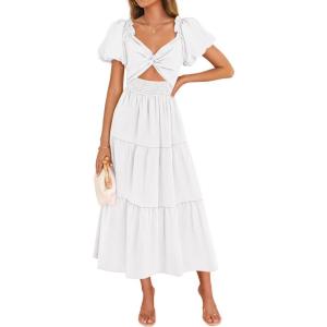 imageZESICA Womens Summer 2025 Boho Vacation Dress Short Puff Sleeve Flowy Smocked Cutout A Line Beach Party DressesWhite