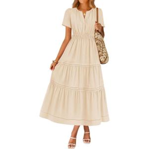 imageZESICA Womens Summer Casual Short Sleeve Midi Dresses 2025 V Neck Elastic Waist Tiered Flowy Boho Dress with PocketApricot