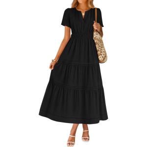 imageZESICA Womens Summer Casual Short Sleeve Midi Dresses 2025 V Neck Elastic Waist Tiered Flowy Boho Dress with PocketBlack