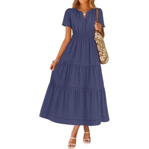 imageZESICA Womens Summer Casual Short Sleeve Midi Dresses 2025 V Neck Elastic Waist Tiered Flowy Boho Dress with PocketNavy