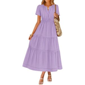 imageZESICA Womens Summer Casual Short Sleeve Midi Dresses 2025 V Neck Elastic Waist Tiered Flowy Boho Dress with PocketPurple