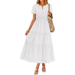 imageZESICA Womens Summer Casual Short Sleeve Midi Dresses 2025 V Neck Elastic Waist Tiered Flowy Boho Dress with PocketWhite