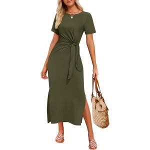 imageZESICA Womens Summer Short Sleeve Bodycon Midi Dresses 2025 Casual Crewneck Knit Wrap Tie Waist T Shirt Long DressArmy Green