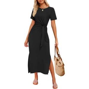 imageZESICA Womens Summer Short Sleeve Bodycon Midi Dresses 2025 Casual Crewneck Knit Wrap Tie Waist T Shirt Long DressBlack