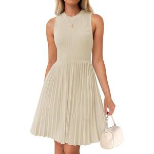 imageZESICA Womens Summer Sleeveless Mini Dress 2025 Crewneck Knit A Line Pleated Swing Casual Basic Short DressAlmond
