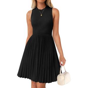 imageZESICA Womens Summer Sleeveless Mini Dress 2025 Crewneck Knit A Line Pleated Swing Casual Basic Short DressBlack