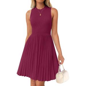 imageZESICA Womens Summer Sleeveless Mini Dress 2025 Crewneck Knit A Line Pleated Swing Casual Basic Short DressEggplant