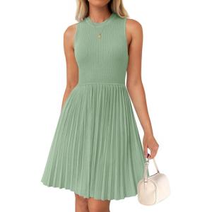 imageZESICA Womens Summer Sleeveless Mini Dress 2025 Crewneck Knit A Line Pleated Swing Casual Basic Short DressLightgreen