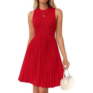 imageZESICA Womens Summer Sleeveless Mini Dress 2025 Crewneck Knit A Line Pleated Swing Casual Basic Short DressRed