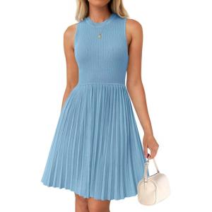 imageZESICA Womens Summer Sleeveless Mini Dress 2025 Crewneck Knit A Line Pleated Swing Casual Basic Short DressSky