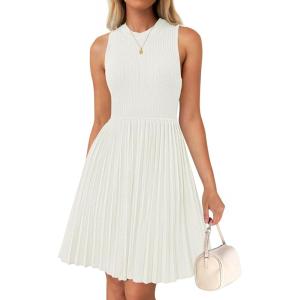 imageZESICA Womens Summer Sleeveless Mini Dress 2025 Crewneck Knit A Line Pleated Swing Casual Basic Short DressWhite