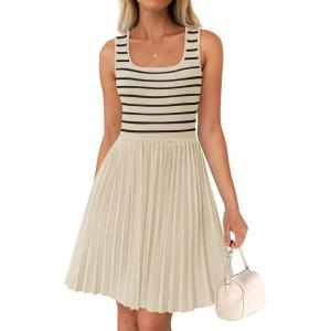 imageZESICA Womens Summer Sleeveless Mini Dress 2025 Square Neck Striped Knit A Line Pleated Tank DressesApricot