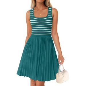 imageZESICA Womens Summer Sleeveless Mini Dress 2025 Square Neck Striped Knit A Line Pleated Tank DressesGreen