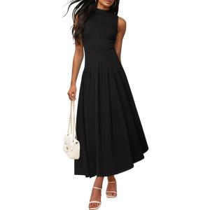 imageZESICA Womens Summer Sleeveless Tank Maxi Dress 2025 Mock Neck Ribbed Knit High Waist Flowy Wedding Guest Long DressesBlack