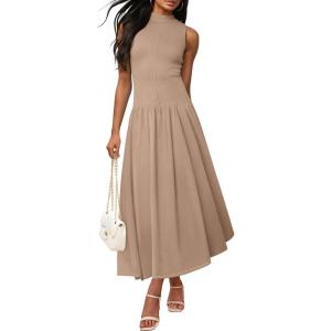 imageZESICA Womens Summer Sleeveless Tank Maxi Dress 2025 Mock Neck Ribbed Knit High Waist Flowy Wedding Guest Long DressesKhaki