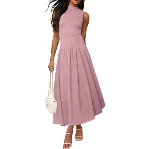 imageZESICA Womens Summer Sleeveless Tank Maxi Dress 2025 Mock Neck Ribbed Knit High Waist Flowy Wedding Guest Long DressesPink