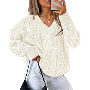 imageZESICA Womens Fall Long Sleeve V Neck Pullover Sweaters 2025 Casual Cable Knit Loose Trendy Sweater Jumper TopsApricot