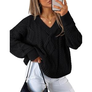 imageZESICA Womens Fall Long Sleeve V Neck Pullover Sweaters 2025 Casual Cable Knit Loose Trendy Sweater Jumper TopsBlack