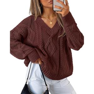 imageZESICA Womens Fall Long Sleeve V Neck Pullover Sweaters 2025 Casual Cable Knit Loose Trendy Sweater Jumper TopsBrown