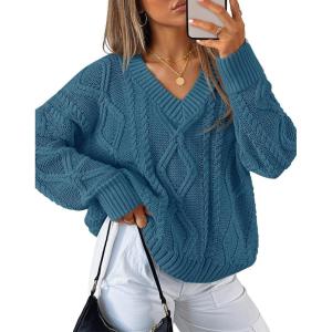 imageZESICA Womens Fall Long Sleeve V Neck Pullover Sweaters 2025 Casual Cable Knit Loose Trendy Sweater Jumper TopsDustyblue
