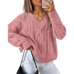 imageZESICA Womens Fall Long Sleeve V Neck Pullover Sweaters 2025 Casual Cable Knit Loose Trendy Sweater Jumper TopsPink