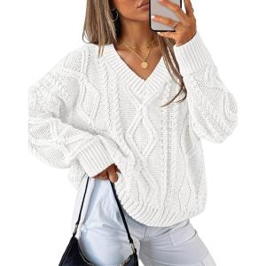 imageZESICA Womens Fall Long Sleeve V Neck Pullover Sweaters 2025 Casual Cable Knit Loose Trendy Sweater Jumper TopsWhite