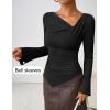 imageZESICA Womens Long Bell Sleeve Shirts 2025 Fall Going Out Asymmetrical Crop Tops Slim Fit Ribbed Ruched Y2K ClothesBlack