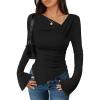 imageZESICA Womens Long Bell Sleeve Shirts 2025 Fall Going Out Asymmetrical Crop Tops Slim Fit Ribbed Ruched Y2K ClothesBlack