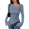 imageZESICA Womens Long Bell Sleeve Shirts 2025 Fall Going Out Asymmetrical Crop Tops Slim Fit Ribbed Ruched Y2K ClothesBlue