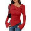 imageZESICA Womens Long Bell Sleeve Shirts 2025 Fall Going Out Asymmetrical Crop Tops Slim Fit Ribbed Ruched Y2K ClothesRed