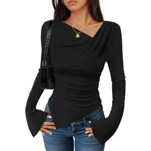 imageZESICA Womens Long Bell Sleeve Shirts 2025 Fall Going Out Asymmetrical Crop Tops Slim Fit Ribbed Ruched Y2K ClothesBlack