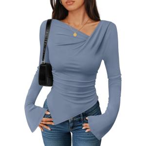 imageZESICA Womens Long Bell Sleeve Shirts 2025 Fall Going Out Asymmetrical Crop Tops Slim Fit Ribbed Ruched Y2K ClothesBlue