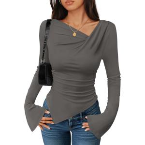 imageZESICA Womens Long Bell Sleeve Shirts 2025 Fall Going Out Asymmetrical Crop Tops Slim Fit Ribbed Ruched Y2K ClothesGrey