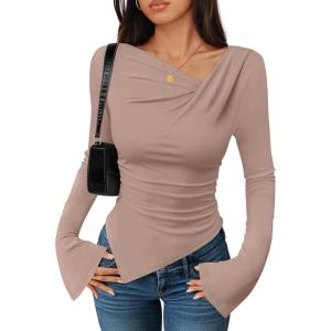 imageZESICA Womens Long Bell Sleeve Shirts 2025 Fall Going Out Asymmetrical Crop Tops Slim Fit Ribbed Ruched Y2K ClothesLightkhaki