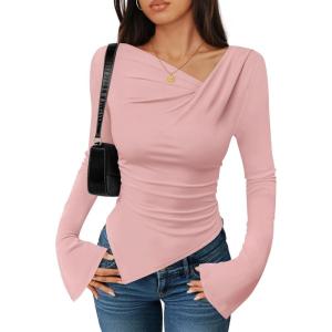 imageZESICA Womens Long Bell Sleeve Shirts 2025 Fall Going Out Asymmetrical Crop Tops Slim Fit Ribbed Ruched Y2K ClothesPink