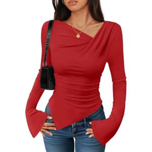 imageZESICA Womens Long Bell Sleeve Shirts 2025 Fall Going Out Asymmetrical Crop Tops Slim Fit Ribbed Ruched Y2K ClothesRed