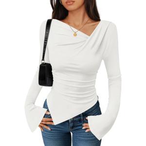 imageZESICA Womens Long Bell Sleeve Shirts 2025 Fall Going Out Asymmetrical Crop Tops Slim Fit Ribbed Ruched Y2K ClothesWhite